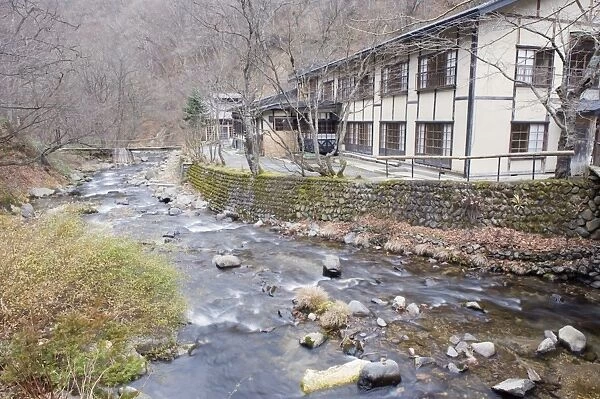 River flowing through Aoni Onsen hot spring resort, Aomori prefecture, Japan, Asia