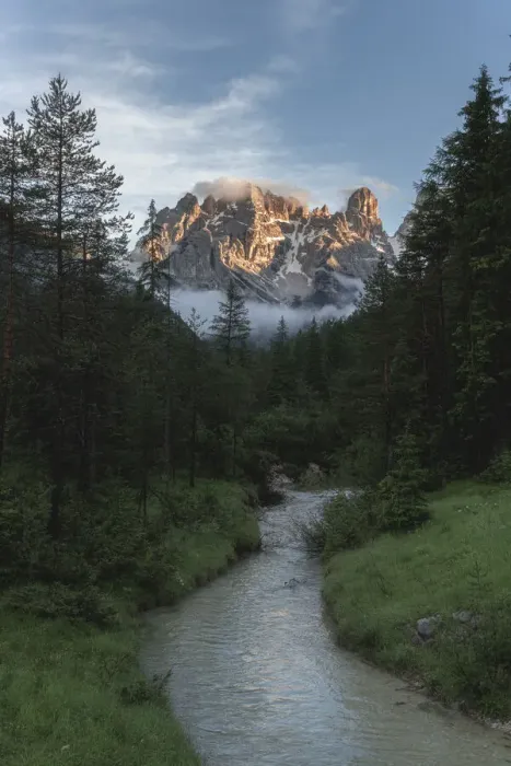 Framed Print : River in the green valley with Cristallo and Popena group in the background at sunset Framed Print : River in the green valley with Cristallo and Popena group in the background at sunset