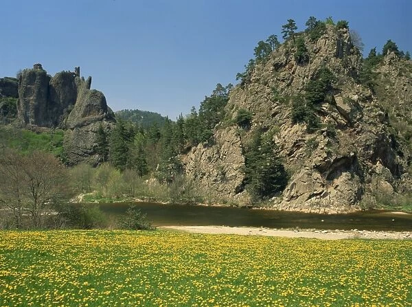 The River Loire in spring with wild flowers on bank and cliffs behind, near Arlempdes
