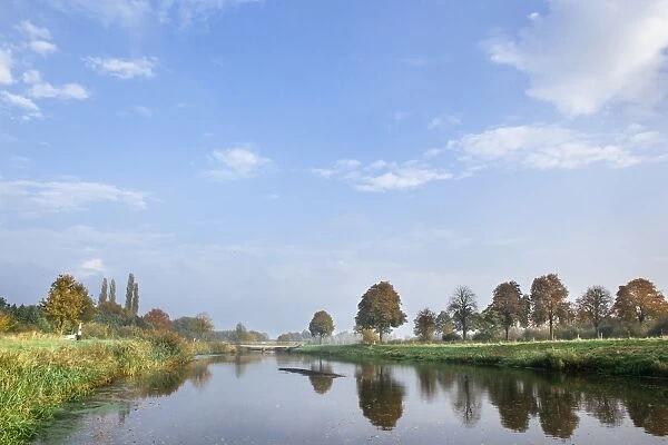 The River Mark in autumn, Mark Bridge (Brug) in the distance, from the Belgium-Holland border, Meersel Dreef, Belgium, Europe