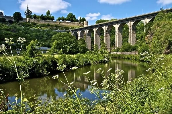 River Rance banks, with viaduct and Castle walls, Dinan, Brittany, France, Europe