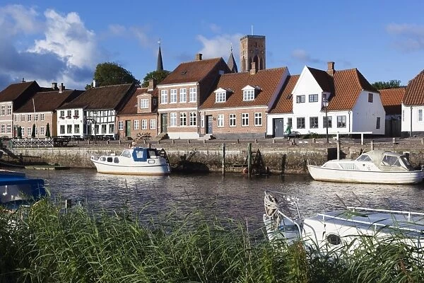 River Ribe and riverfront houses and tower of Ribe Domkirke, Ribe, Jutland, Denmark, Scandinavia, Europe
