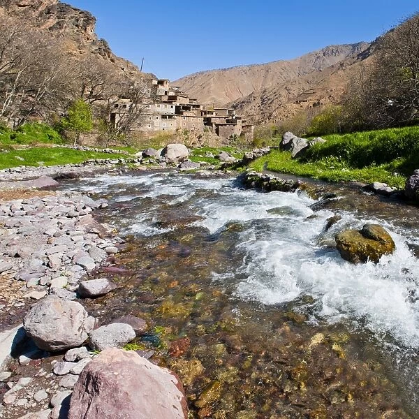 River running past Tizi n Tamatert and a Berber village, High Atlas Mountains, Morocco, North Africa, Africa