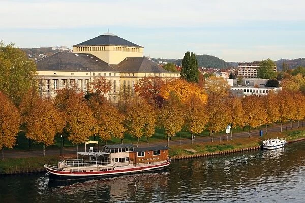 River Saar and Saarland State Theatre, Saarbrucken, Saarland, Germany, Europe