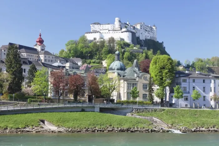 Framed Print : River Salzach with Hohensalzburg Castle and Kajetanerkirche Church, Salzburg, Salzburger Land, Austria, Europe Framed Print : River Salzach with Hohensalzburg Castle and Kajetanerkirche Church, Salzburg, Salzburger Land, Austria, Europe