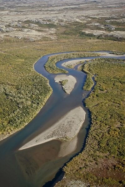River and sandbars through the tundra in the fall, Katmai Peninsula, Alaska