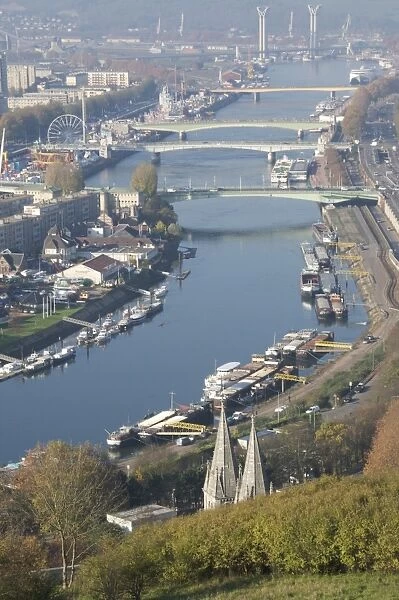 River Seine bends, with bridges, Lacroix Island and open air fairground, seen from Saint Catherine Hill, Rouen, Upper Normandy, France, Europe