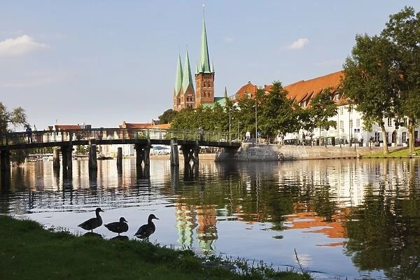 River Stadttrave with Petri church and Marien church, Lubeck, Schleswig Holstein, Germany, Europe