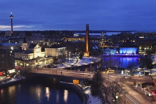 River Tammerkoski runs through the city centre, past the Finlayson Complex, night time in Tampere, Pirkanmaa, Finland, Scandinavia, Europe