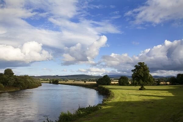 River Tweed with the Cheviots beyond from Henderson Park at Coldstream, Scottish Borders, Scotland, United Kingdom, Europe