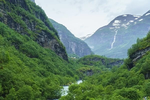 River valley and waterfall near Flam, Norway, Scandinavia, Europe