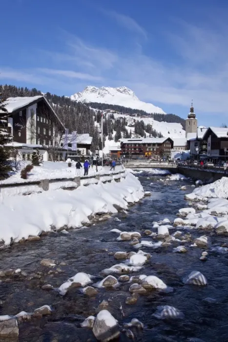 Framed Print : River and village church Lech, near St. Anton am Arlberg in winter snow Framed Print : River and village church Lech, near St. Anton am Arlberg in winter snow