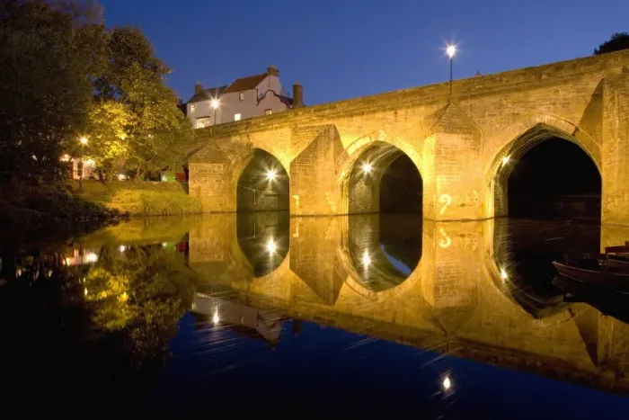 Framed Print : The River Wear and Elvet Bridge illuminated by night, Durham, County Durham Framed Print : The River Wear and Elvet Bridge illuminated by night, Durham, County Durham