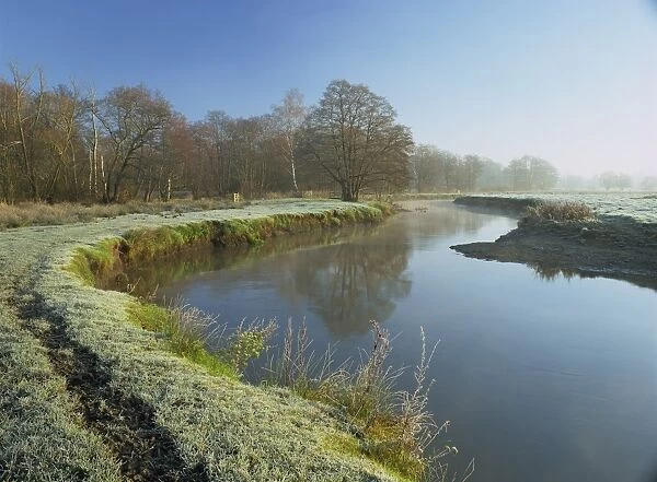 The River Wey at Thundery Meadows, a frosty morning on Surrey Wildlife Trusts wetland reserve