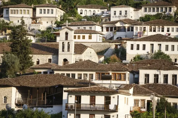 Framed Print : Riverfront buildings, Berat, Albania, Europe Framed Print : Riverfront buildings, Berat, Albania, Europe