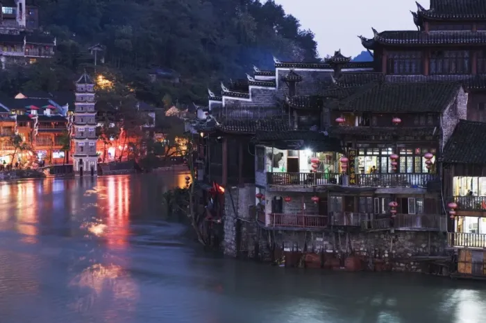 Framed Print : Riverside, old town illuminated at night, Fenghuang, Hunan Province, China, Asia