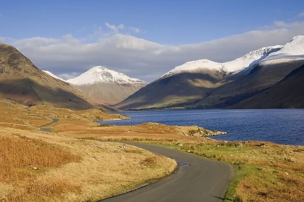 The road alongside Wastwater to Wasdale Head and Yewbarrow, Great Gable and the Scafells, Wasdale, Lake District National Park, Cumbria, England, United Kingdom, Europe