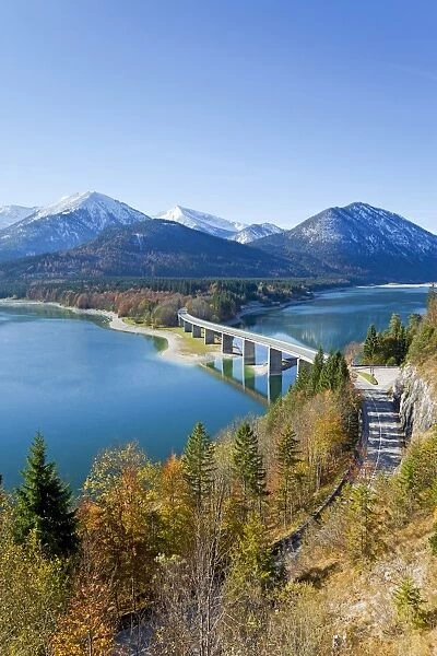 Road bridge over Lake Sylvenstein, with mountains in the background, Bavaria