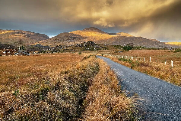 Road through Gallavally at sunset, The Black Valley, Killarney, County Kerry, Munster, Republic of Ireland (Eire), Europe