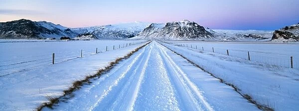 Road and mountains near Vik in winter