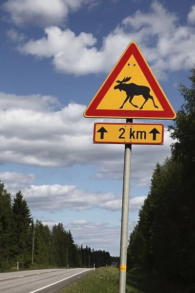 Road sign for elk crossing, Highway Number 14, Punkaharju Ridge, Savonlinna