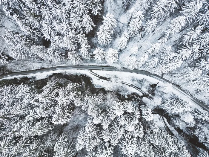 Framed Print : Road in snow covered forest, top down aerial view Framed Print : Road in snow covered forest, top down aerial view