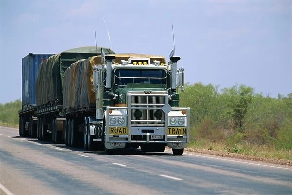 A road train on the Stuart Highway between Darwin and Threeways in the Northern Territory of Australia