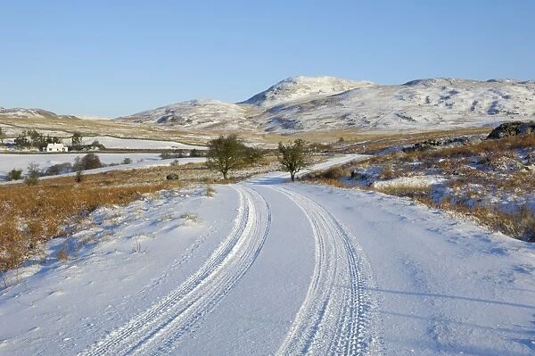 Road in winter snow, Dumfries and Galloway, Scotland, United Kingdom, Europe