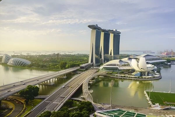 Roads leading to the Marina Bay Sands, Gardens by the Bay and ArtScience Museum at sunrise