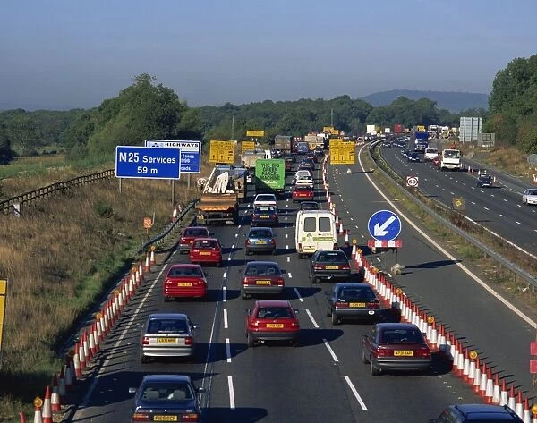 Roadworks causing traffic jam on the M25, England, United Kingdom, Europe