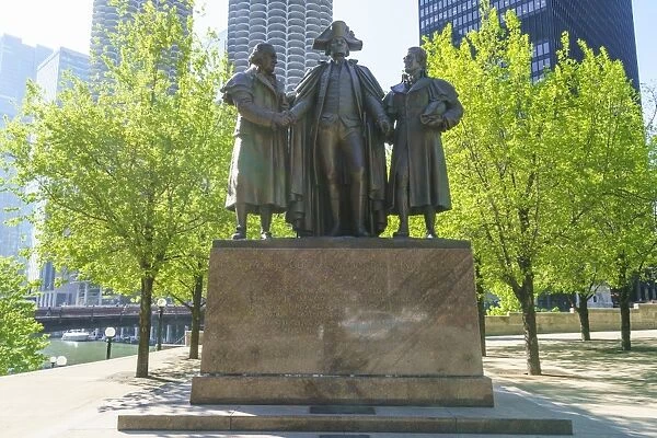 Robert Morris, George Washington, Haym Salomon Memorial statue stands by the Chicago River
