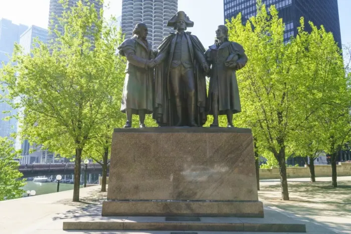 Framed Print : Robert Morris, George Washington, Haym Salomon Memorial statue stands by the Chicago River Framed Print : Robert Morris, George Washington, Haym Salomon Memorial statue stands by the Chicago River