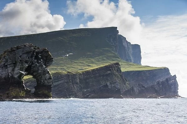 Rock formation known as Gadas Stack on Foula Island, Shetlands, Scotland, United Kingdom, Europe