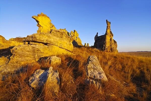 Rock formation shimmering golden at sunset in the Isalo National Park, Madagascar, Africa