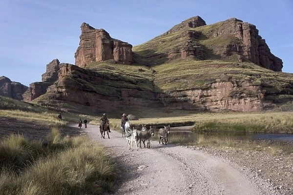Rock formation in the Tinajani Canyon in the Andes, riders and donkeys, Peru, South America