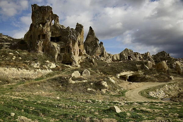 Rock formations and cave houses in Goreme, Cappadocia, Anatolia, Turkey, Asia Minor, Asia
