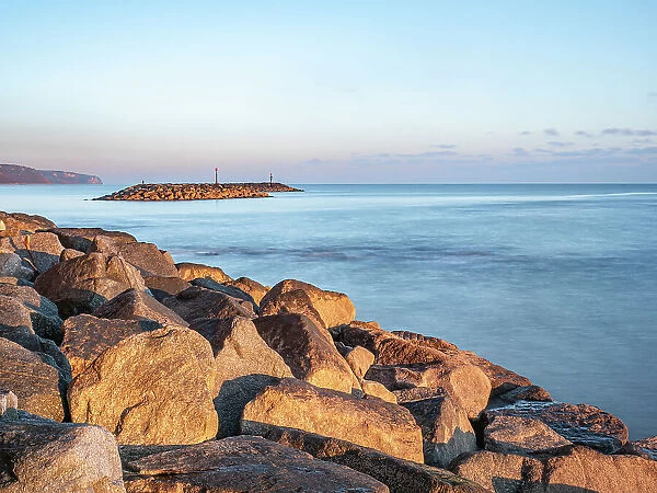 Rock island sea defences, Sidmouth Beach, Sidmouth, Devon, England, United Kingdom, Europe