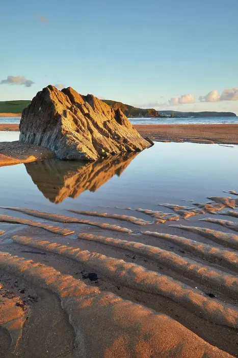 Framed Print : A rock pool and rippled sand, on the beach at low tide, at Bigbury-on-Sea, south coast of Devon, England, United Kingdom, Europe Framed Print : A rock pool and rippled sand, on the beach at low tide, at Bigbury-on-Sea, south coast of Devon, England, United Kingdom, Europe