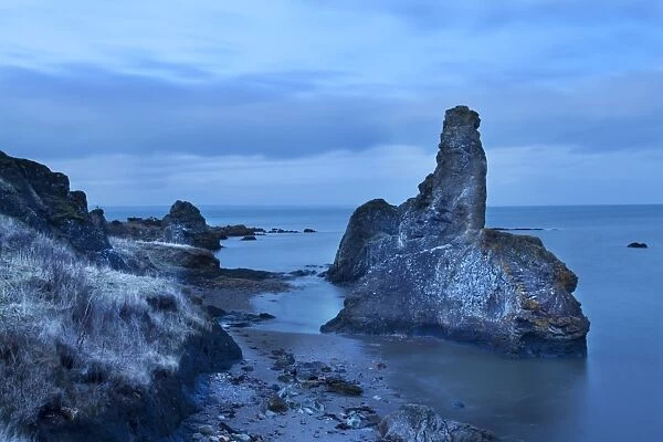 Rock and Spindle at dusk on the Fife Coast near St. Andrews, Fife, Scotland, United Kingdom, Europe