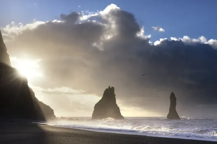Framed Print : Rock stacks of Reynisdrangar in silhouette at sunrise, from Halsanefs Hellir Beach Framed Print : Rock stacks of Reynisdrangar in silhouette at sunrise, from Halsanefs Hellir Beach