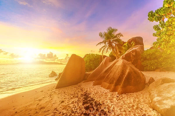 Rocks on beach and palm trees, Anse Source d Argent at sunset, La Digue, Seychelles