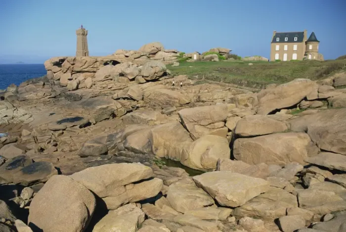 Framed Print : Rocks on the coast and the lighthouse at Ploumanach, on the Cote de Granit Rose Framed Print : Rocks on the coast and the lighthouse at Ploumanach, on the Cote de Granit Rose