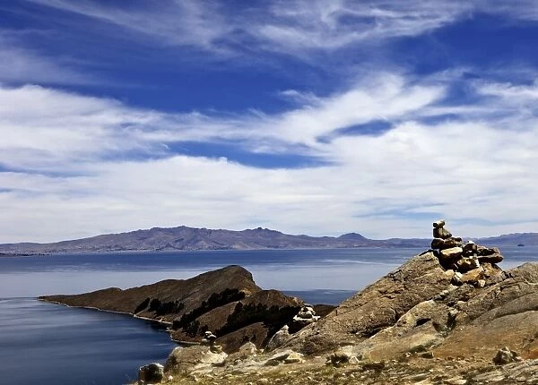 Rocks and lake, Bahia Kona, Isla del Sol, Lake Titicaca, Bolivia, South America