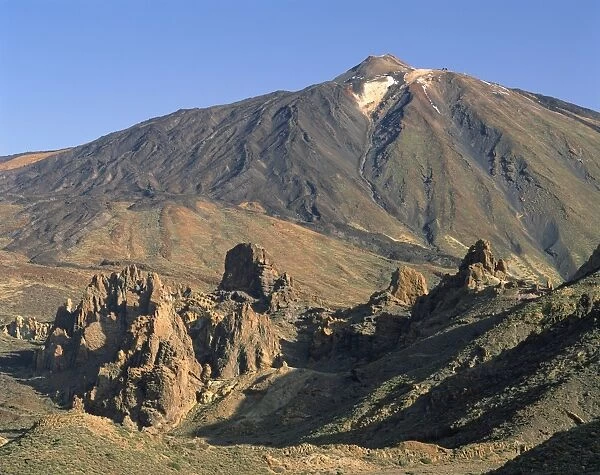 Rocks and peak of Mount Teide from Llano de Ucanca, on Tenerife, Canary Islands