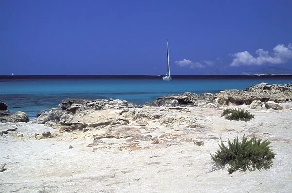 Rocks and sailing boat, Formentera, Balearic Islands, Spain, Mediterranean, Europe