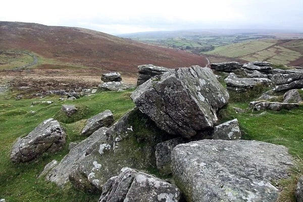 Rocks at the summit of Hookney Tor, looking down the Challacombe valley, Dartmoor, Devon, England, United Kingdom, Europe