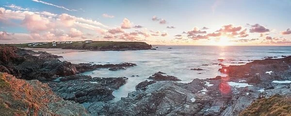 Rocky coast at Treyarnon Bay at sunset, Cornwall, England, United Kingdom, Europe