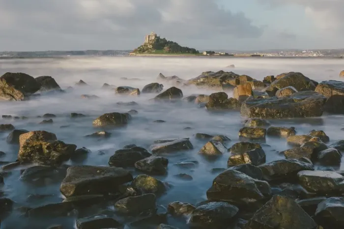 Framed Print : Rocky shoreline and St. Michaels Mount, early morning, Cornwall, England, United Kingdom, Europe Framed Print : Rocky shoreline and St. Michaels Mount, early morning, Cornwall, England, United Kingdom, Europe
