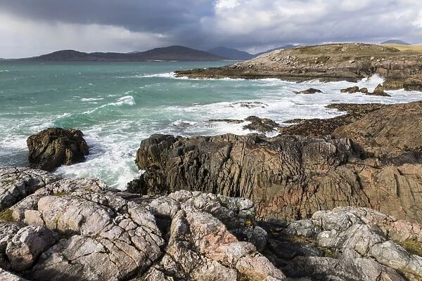 Rocky shoreline on west coast of Isle of Harris, Outer Hebrides, Scotland, United Kingdom