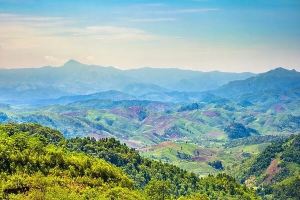 Rolling hills and mountains, lush rural landscape, Vientiane Province, Laos, Indochina
